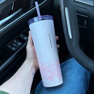 Starbucks White Tumbler with Pink Floral and Purple Lid